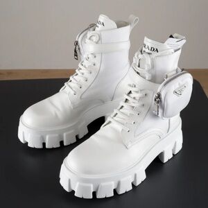 Prada Women's White Moto Boots with Pouch